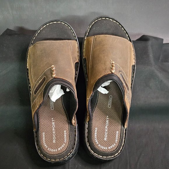 ROCKPORT MEN\'S DARWYN SLIDE II Sandal Brown LEATHER sz 10 NWOB